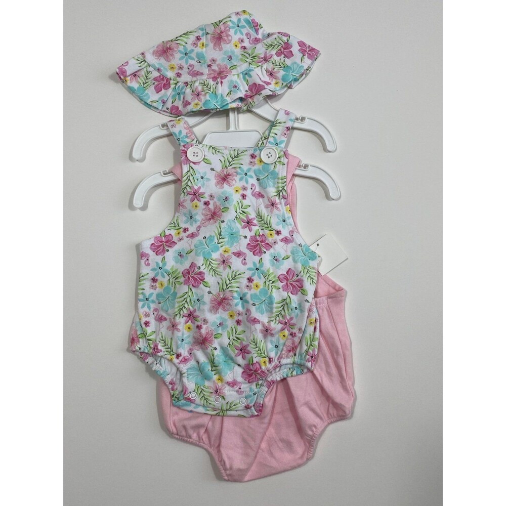 Little Me 3PC Baby Girl Floral Romper Pink Overalls & Sun Hat Set 6M NWT
